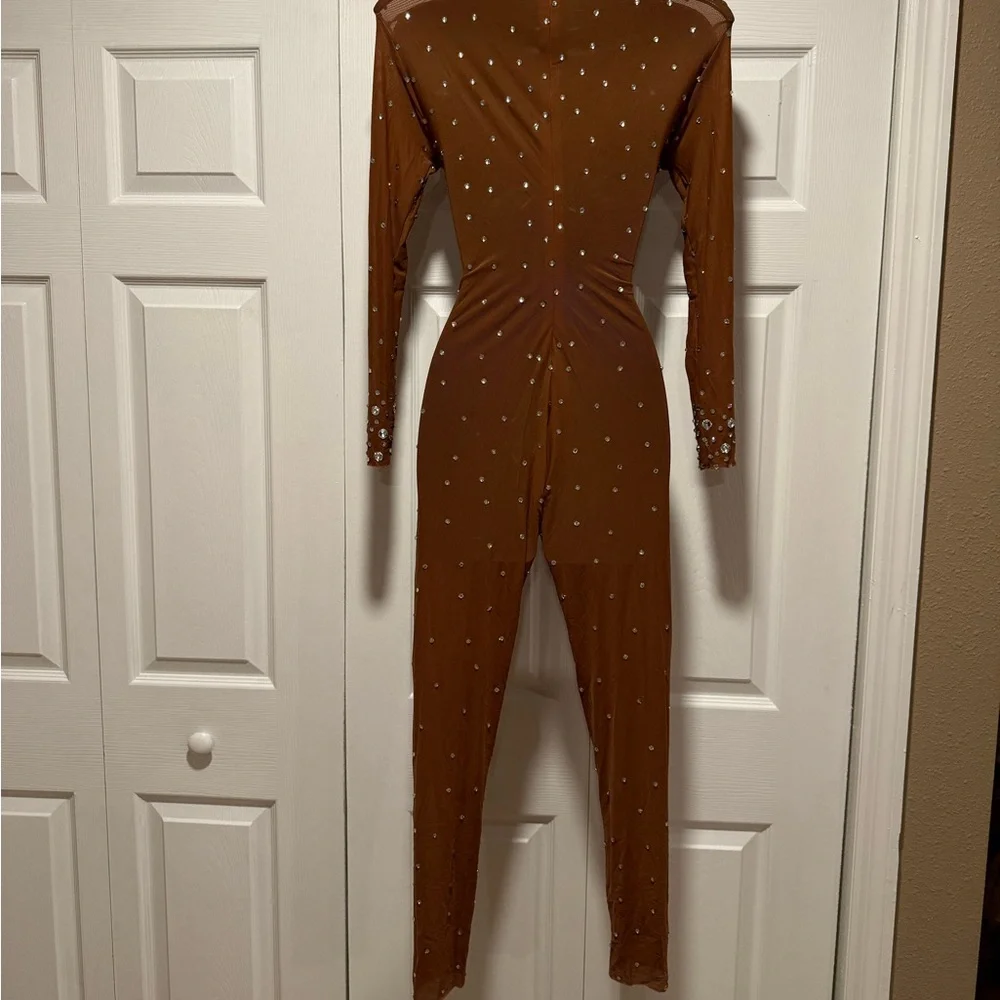 Brown Rhinestone Embellished Mesh Bodysuit Unitard - Picture 5 of 7